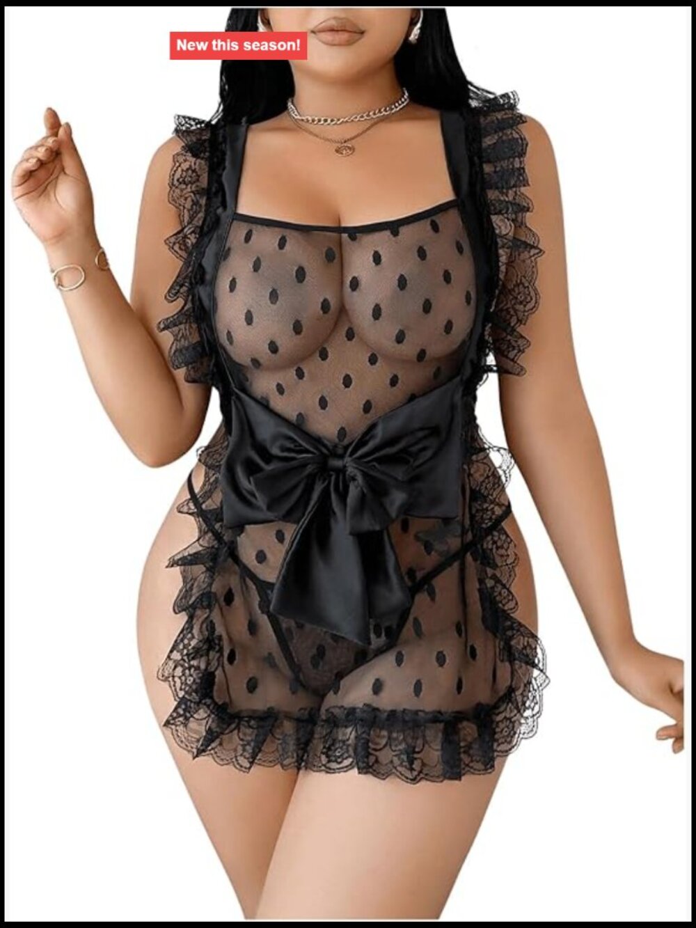 Plus Size 2 Piece Sheer Polka Dot Mesh Lingerie Set with Bow Tie